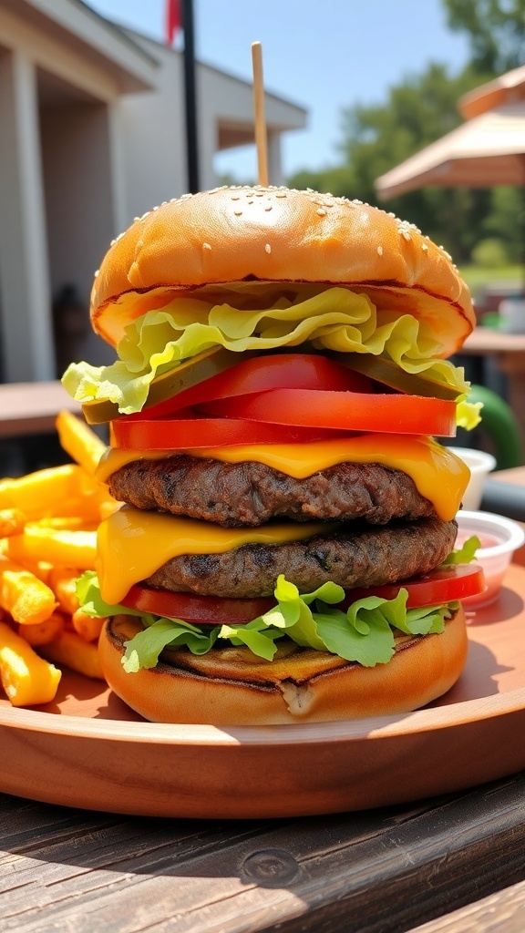 A delicious hamburger with beef patty, cheese, lettuce, tomato, and pickles on a toasted bun, served with fries.